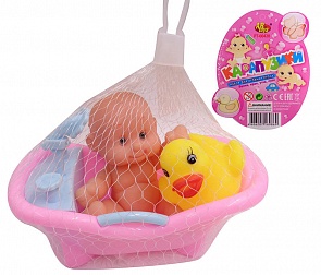 Пупс из серии Карапузики с набором для купания, 4 предмета, в сетке (ABtoys, PT-00428)